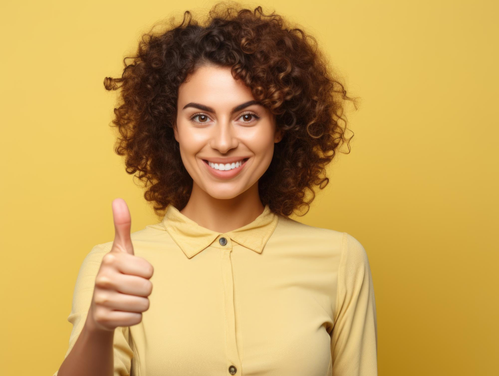 happy-curly-hair-female-signaling-with-thumbs-up-isolated-solid-light-yellow-background